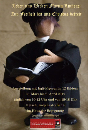 Plakat der Egli-Figuren-Ausstellung  im Haus der Begegnung der Evangelischen Kirchengemeinde Ketsch vom 26. März bis 2. April 2017